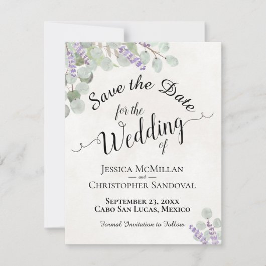 Rustic Eucalyptus & Lavender Elegant White Wedding Save The Date (Voorkant)