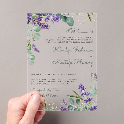 Rustic Eucalyptus Lavender Floral Islamic Wedding Acryl Uitnodigingen (Insitu (Draagbaar))