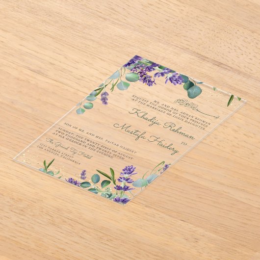 Rustic Eucalyptus Lavender Floral Islamic Wedding Acryl Uitnodigingen (Laagn)
