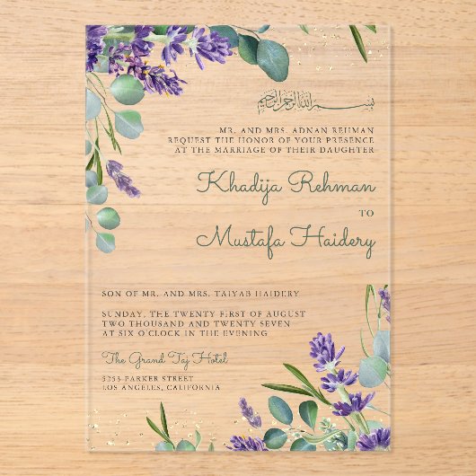 Rustic Eucalyptus Lavender Floral Islamic Wedding Acryl Uitnodigingen (Voorkant)