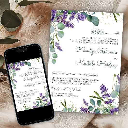 Rustic Eucalyptus Lavender Floral Islamic Wedding Kaart
