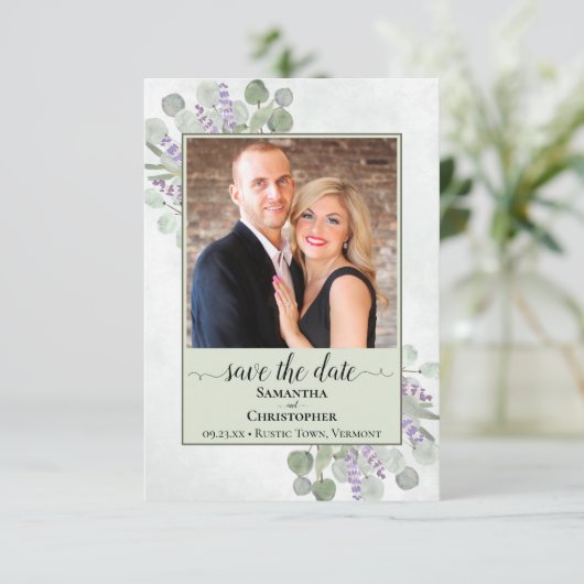Rustic Eucalyptus & Lavender Green Wedding Foto Save The Date (Staand voorkant)
