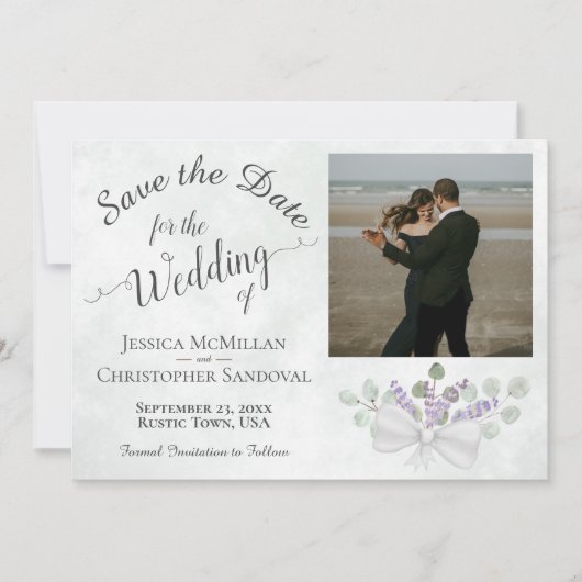 Rustic Eucalyptus & Lavender met fotohuwelijk Save The Date (Voorkant)