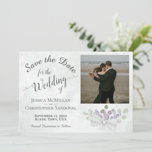 Rustic Eucalyptus & Lavender met fotohuwelijk Save The Date (Staand voorkant)