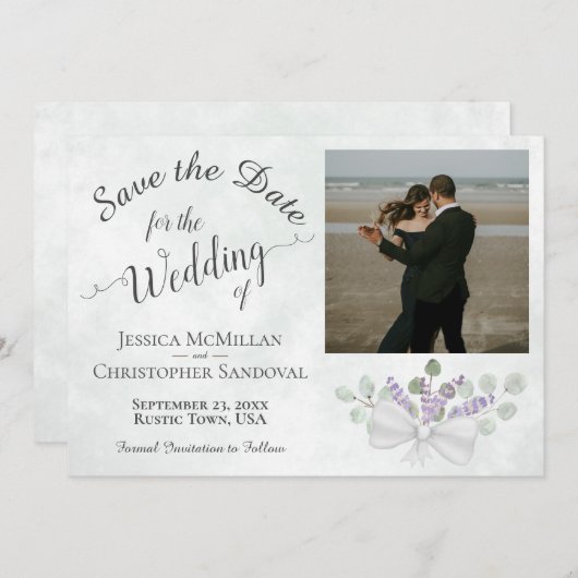 Rustic Eucalyptus & Lavender met fotohuwelijk Save The Date (Voorkant / Achterkant)