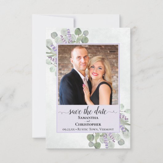 Rustic Eucalyptus & Lavender Paars Weduwfoto Save The Date (Voorkant)