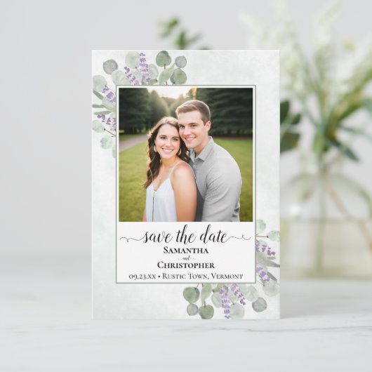 Rustic Eucalyptus & Lavender Photo Simple Wedding Save The Date (Staand voorkant)