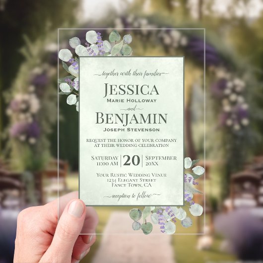 Rustic Eucalyptus & Lavender Stylish Text Wedding Acryl Uitnodigingen
