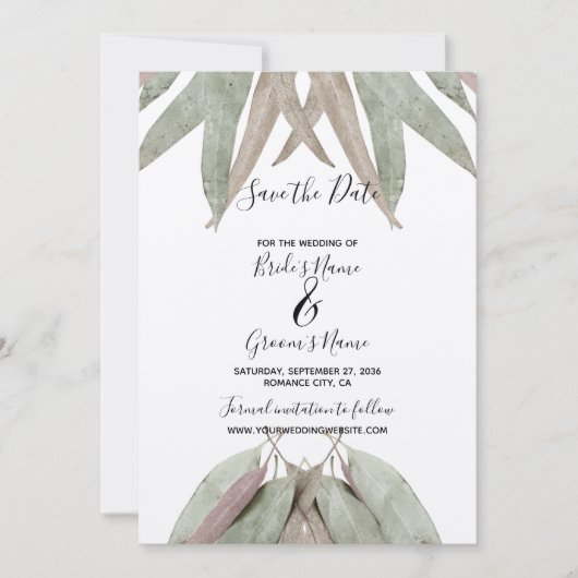Rustic Eucalyptus Leaf Wedding Save the Date (Voorkant)