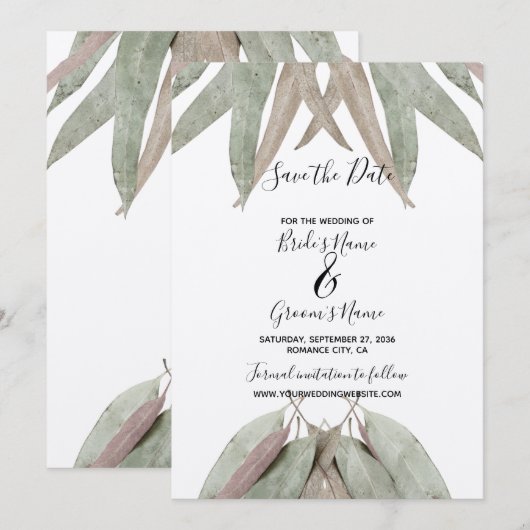 Rustic Eucalyptus Leaf Wedding Save the Date (Voorkant / Achterkant)
