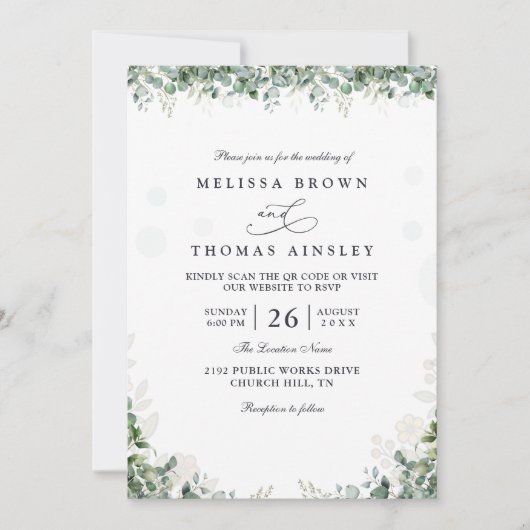 Rustic Eucalyptus Leaves Greenery QR Code Wedding Kaart (Voorkant)