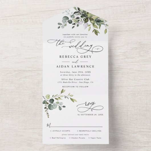 Rustic Eucalyptus Leaves Greenery Wedding All In One Uitnodiging (Binnen)