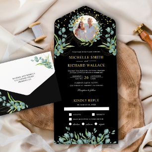 Rustic Eucalyptus Leaves Photo Black Wedding All In One Uitnodiging