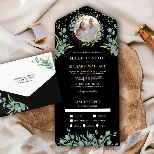 Rustic Eucalyptus Leaves Photo Black Wedding All In One Uitnodiging
