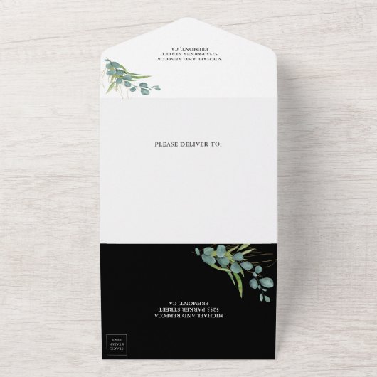 Rustic Eucalyptus Leaves Photo Black Wedding All In One Uitnodiging (Buitenkant)