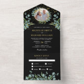 Rustic Eucalyptus Leaves Photo Black Wedding All In One Uitnodiging (Binnen)