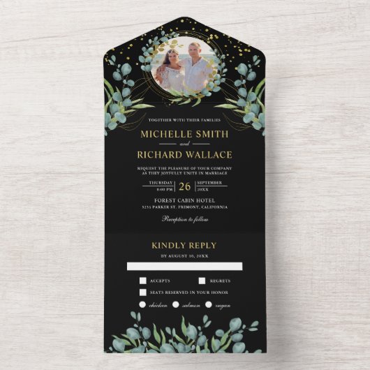 Rustic Eucalyptus Leaves Photo Black Wedding All In One Uitnodiging (Binnen)