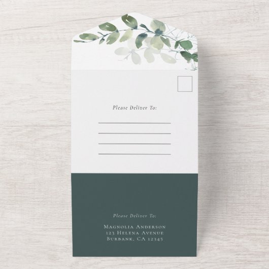 Rustic Eucalyptus Modern Wedding All In One Uitnodiging (Buitenkant)