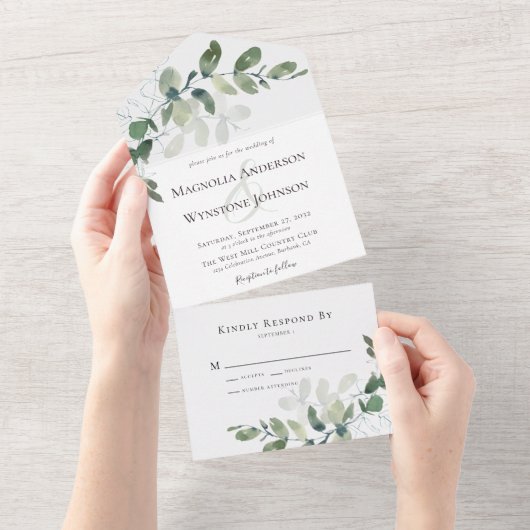 Rustic Eucalyptus Modern Wedding All In One Uitnodiging (Afscheurbaar)