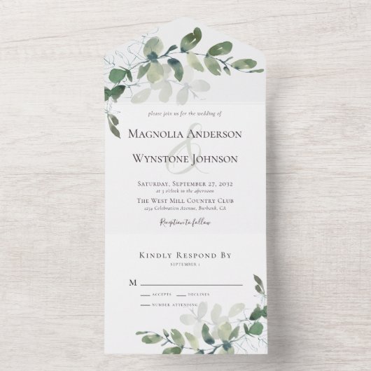 Rustic Eucalyptus Modern Wedding All In One Uitnodiging (Binnen)