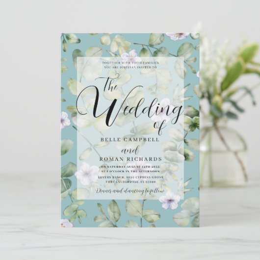 Rustic Eucalyptus Paars en Blauwgroen Floral Weddi Kaart (Staand voorkant)