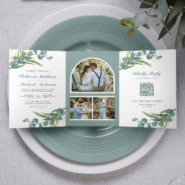 Rustic Eucalyptus Photo Collage QR Code Weddenscha Drieluik Uitnodiging