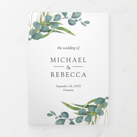 Rustic Eucalyptus Photo Collage QR Code Weddenscha Drieluik Uitnodiging (Cover)