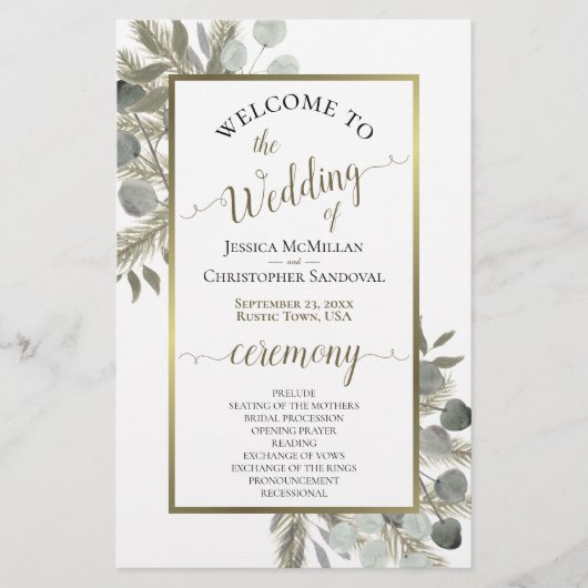 Rustic Eucalyptus & Pine Budget Weddenprogramma (Voorkant)