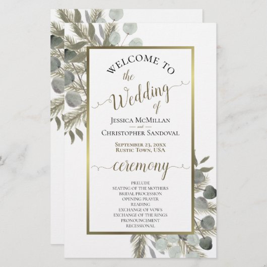 Rustic Eucalyptus & Pine Budget Weddenprogramma (Voorkant / Achterkant)