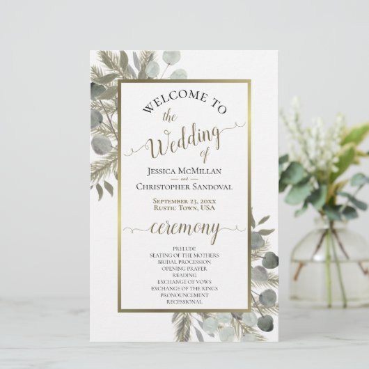 Rustic Eucalyptus & Pine Budget Weddenprogramma (Staand voorkant)