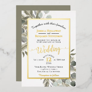 Rustic Eucalyptus & Pine Elegant Silver Wedding Folie Uitnodiging