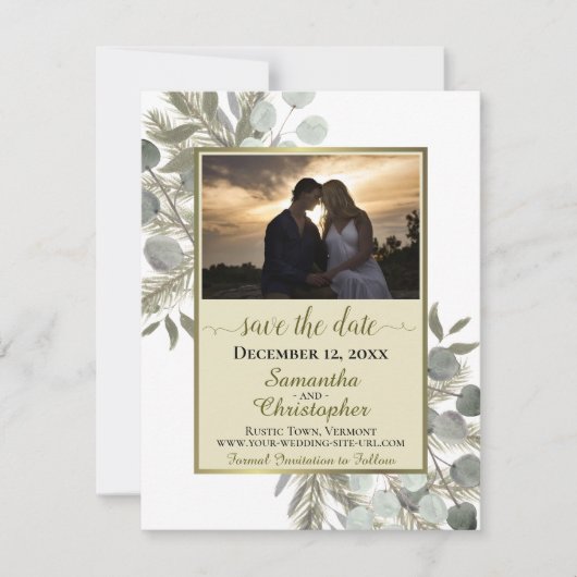 Rustic Eucalyptus & Pine w/Foto Gold Wedding Save The Date (Voorkant)