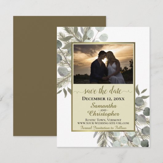 Rustic Eucalyptus & Pine w/Foto Gold Wedding Save The Date (Voorkant / Achterkant)