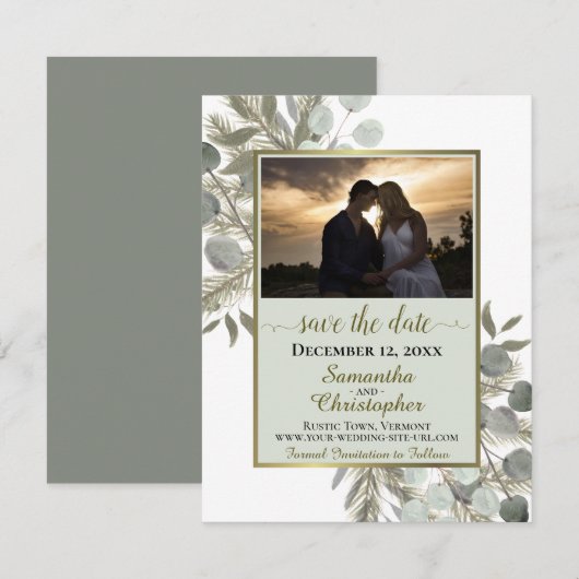 Rustic Eucalyptus & Pine w/ Fotohuwelijk Save The Date (Voorkant / Achterkant)
