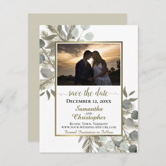 Rustic Eucalyptus & Pine w/ White Weddenschap Save The Date (Voorkant / Achterkant)