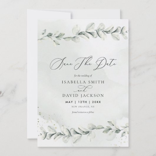 Rustic Eucalyptus Sage Green Foliage Foto Save The Date (Achterkant)