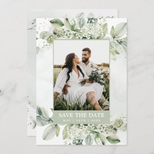 Rustic Eucalyptus Sage Green Foliage Foto Save The Date (Voorkant / Achterkant)