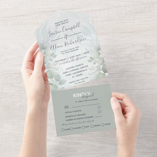 Rustic Eucalyptus Sage Green Waterverf Wedding All In One Uitnodiging (Afscheurbaar)