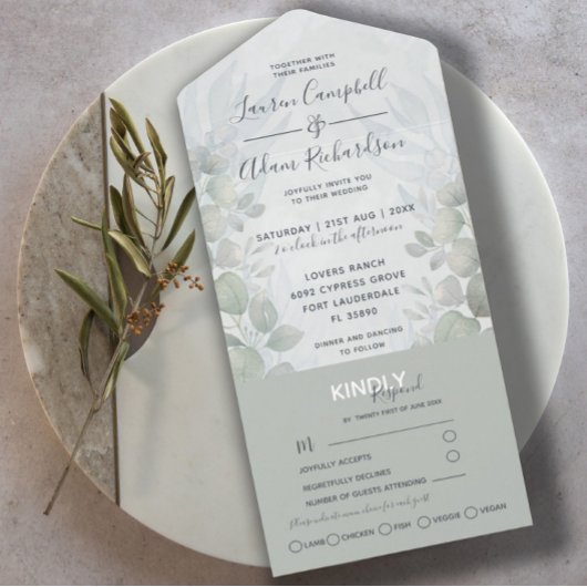 Rustic Eucalyptus Sage Green Waterverf Wedding All In One Uitnodiging