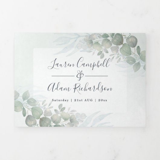 Rustic Eucalyptus Sage Green Waterverf Wedding Drieluik Uitnodiging (Cover)