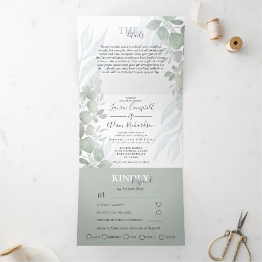 Rustic Eucalyptus Sage Green Waterverf Wedding Drieluik Uitnodiging (Binnen)