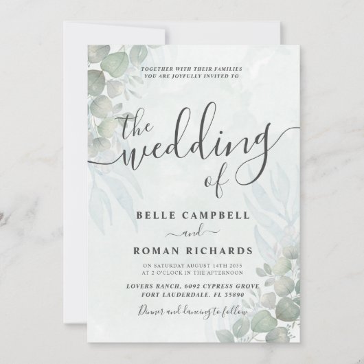 Rustic Eucalyptus Sage Green Wedding Invitation Kaart (Voorkant)