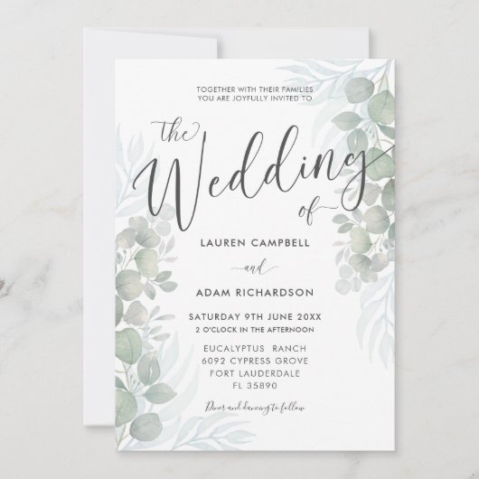 Rustic Eucalyptus Sage Green Wedding Invitation Kaart (Voorkant)