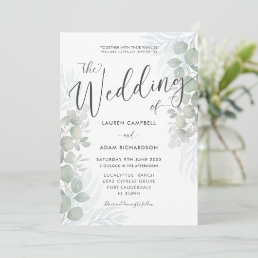 Rustic Eucalyptus Sage Green Wedding Invitation Kaart (Staand voorkant)