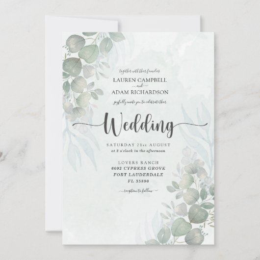 Rustic Eucalyptus Sage Green Wedding Invitation Kaart (Voorkant)