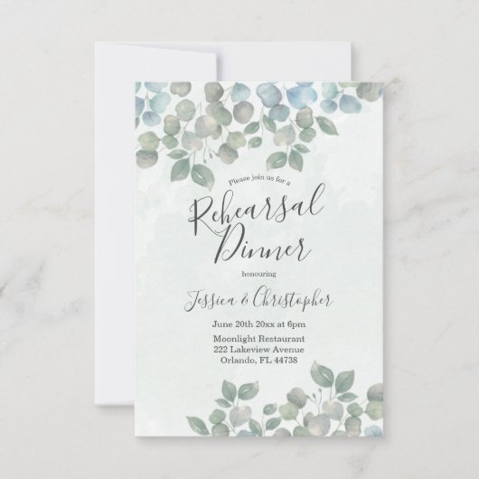 Rustic Eucalyptus Sage Green Wedding Rehearings Kaart (Voorkant)
