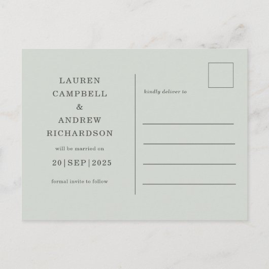 Rustic Eucalyptus Sage Green Wedding Save the Date Briefkaart (Achterkant)