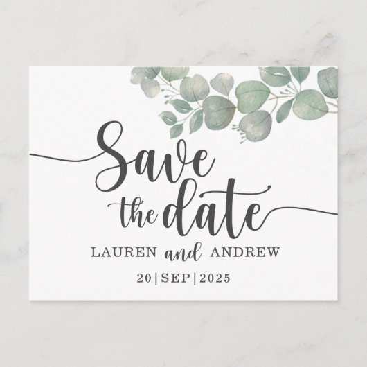 Rustic Eucalyptus Sage Green Wedding Save the Date Briefkaart (Voorkant)
