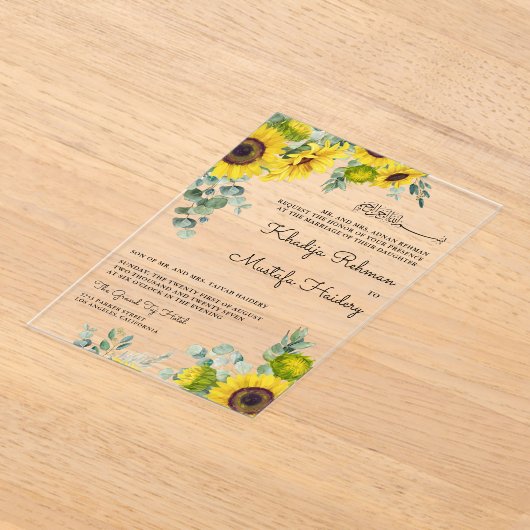 Rustic Eucalyptus Sunflower Islamic Muslim Wedding Acryl Uitnodigingen (Laagn)
