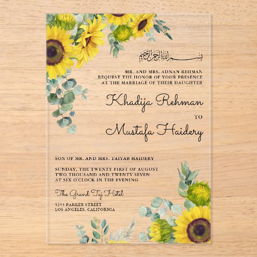 Rustic Eucalyptus Sunflower Islamic Muslim Wedding Acryl Uitnodigingen (Voorkant)